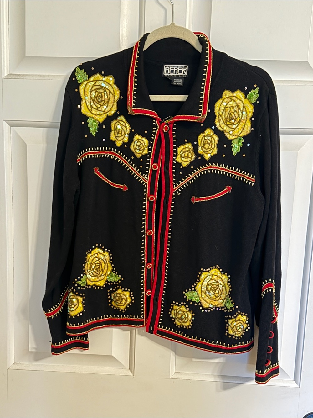 Vintage Berek Western Rodeo sequin Yellow Rose cardigan. Euc